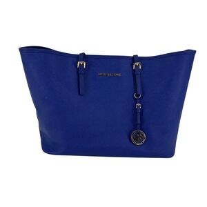 Michael Kors Jet Set Travel Tote Bag Blue Saffiano Leather Gold Hardware Large